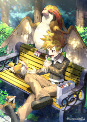 Rule 34 | 1boy, bag, belt, belt buckle, bench, black belt, black footwear, black jacket, blue oak, brown pants, buckle, commentary request, creatures (company), day, eyelashes, feeding, food, game freak, gen 1 pokemon, grass, highres, holding, holding food, jacket, jewelry, long sleeves, necklace, nintendo, on bench, open mouth, orange hair, outdoors, pants, pidgeot, pidgey, poke ball, pokemon, pokemon (creature), pokemon hgss, shirt, shoes, sitting, spiked hair, tongue, tree, ultra ball, white shirt, yamanashi taiki, yellow eyes