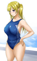 Rule 34 | 1girl, bare shoulders, blonde hair, blue one-piece swimsuit, breasts, collarbone, competition swimsuit, feet out of frame, female focus, hands on own hips, large breasts, long hair, navel, covered erect nipples, one-piece swimsuit, open mouth, original, pool, shiina nami, skindentation, solo, swimsuit, thick thighs, thighs, twintails