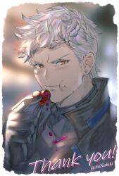 1boy black_gloves candy chewing chocolate chocolate_heart earrings food gloves granblue_fantasy granblue_fantasy:_relink heart highres id_(granblue_fantasy:_relink) jewelry looking_at_viewer nishiki_(jinnishiki) solo valentine white_hair