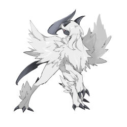 Rule 34 | absol, animal focus, claws, creatures (company), feathered wings, game freak, gen 3 pokemon, horns, long hair, mega absol, mega pokemon, nintendo, no humans, pokemon, pokemon (creature), red eyes, simple background, suramo (lbsto3m), white background, white hair, wings