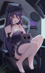 Rule 34 | 1girl, :p, animal hat, bare shoulders, barefoot, black choker, black hat, breasts, can zhu, cat, cat hair ornament, cat hat, chair, choker, fangs, gaming chair, grey skirt, hair ornament, hat, heart, heart hands, highres, knees up, ksp (vtuber), long hair, long sleeves, looking at viewer, medium breasts, meridian project, microphone, miniskirt, monitor, off-shoulder shirt, off shoulder, official alternate costume, plaid, plaid skirt, pop filter, purple eyes, purple hair, shirt, sitting, skirt, solo, strapless, strapless shirt, swivel chair, toes, tongue, tongue out, twitch logo, very long hair, virtual youtuber, zipper, zipper pull tab