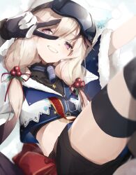 Rule 34 | 1girl, animal hat, ankoro mochi, arknights, black shorts, blonde hair, blue ribbon, cardigan (arknights), cardigan (cheerful guardian) (arknights), commentary, crop top, feet out of frame, fur trim, goggles, goggles on head, grin, hair bobbles, hair ornament, hat, highres, long hair, looking at viewer, official alternate costume, pink eyes, red ribbon, ribbon, short sleeves, shorts, ski goggles, smile, snowflakes, solo, symbol-only commentary, thigh strap, v over eye, white hat
