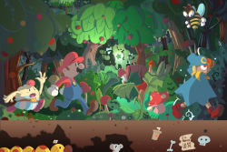Rule 34 | 1boy, bee, bone, bowyer, brown hair, bug, bush, cloak, doll joints, english text, facial hair, flower, food, forest, fruit, geno (mario), glaring, gloves, glowing, grass, hat, insect, joints, leaf, mallow (mario), mario, mario (series), mouse (animal), mushroom, mustache, nathalie fourdraine, nature, nintendo, open mouth, outdoors, outstretched arm, overalls, red eyes, skull, star (symbol), super mario rpg, super mushroom, tree, walking, waving, wiggler