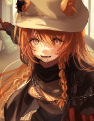 1girl animal_ears arknights black_jacket black_scarf braid brown_hair ceobe_(arknights) ceobe_(unfettered)_(arknights) chain dog_ears dog_girl drooling ears_through_headwear female_focus gloves hat highres jacket jio_(baku_zugogo) long_hair long_sleeves looking_at_viewer official_alternate_costume open_clothes open_mouth orange_eyes pointing red_gloves scarf side_braids smile solo twin_braids upper_body white_hat