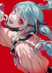 Rule 34 | 1girl, absurdres, alternate eye color, aqua hair, bandaid, bandaid on neck, black bow, black bowtie, black nails, bow, bowtie, breasts, commentary, ear piercing, earrings, fangs, floating hair, frilled shirt collar, frills, hair ornament, hatsune miku, heart, heart hair ornament, highres, jewelry, jirai kei, leaning forward, looking at viewer, mask, mouth mask, multiple earrings, nail polish, open mouth, piercing, pink eyes, red background, removing mask, ring, roitz ( roitz ), shirt, small breasts, solo, tongue, tongue out, twintails, upper body, vampire, vampire (vocaloid), vocaloid, white shirt
