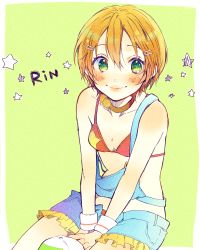 Rule 34 | 10s, 1girl, bare shoulders, bikini, bikini top only, blush, breasts, character name, cowboy shot, frilled shorts, frilled skirt, frills, green background, green eyes, hair ornament, highres, hoshizora rin, looking at viewer, love live!, love live! school idol project, natsuiro egao de 1 2 jump!, nemuhito, orange hair, overalls, short hair, shorts, simple background, sitting, skirt, small breasts, smile, solo, star (symbol), swimsuit, wrist cuffs
