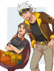 Rule 34 | 1boy, 1girl, :d, belt, black shirt, blue eyes, brown hair, brown jacket, brown pants, chair, clothes around waist, creatures (company), crossed arms, friede (pokemon), game freak, gloves, goggles, goggles on head, gradient hair, highres, hinata (ryohinata), jacket, multicolored hair, nintendo, open mouth, orange hair, orange pants, orla (pokemon), pants, pokemon, pokemon (anime), pokemon horizons, shirt, shirt around waist, sitting, smile, standing, t-shirt, white background, white hair, yellow eyes