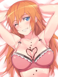 Rule 34 | 1girl, armpits, arms up, blue eyes, blush, bra, breasts, candy, charlotte e. yeager, chocolate, chocolate heart, chocolate on body, chocolate on breasts, cleavage, food, food on body, frilled bra, frills, heart, highres, large breasts, long hair, looking at viewer, md5 mismatch, michairu, one eye closed, orange hair, shiny skin, smile, solo, strap gap, strike witches, underwear, valentine, wink, world witches series