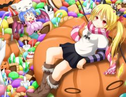 Rule 34 | &gt; &lt;, 2girls, alternate costume, animal ears, bad id, bad pixiv id, bubble skirt, candle, candy, candy cane, cat ears, checkerboard cookie, chibi, chro, closed eyes, contemporary, cookie, dress, fake animal ears, female focus, flandre scarlet, food, halloween, multiple girls, pink dress, remilia scarlet, scarf, siblings, sisters, skirt, striped clothes, striped scarf, thumbprint cookie, touhou