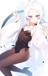 Rule 34 | 1girl, :d, ahoge, black pantyhose, blue eyes, blush, breasts, covered navel, high heels, highres, leotard, looking at viewer, open mouth, original, otokuyou, pantyhose, parted lips, playboy bunny, short hair, small breasts, smile, solo, white hair