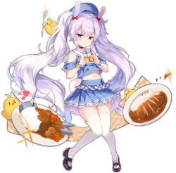 Rule 34 | 1girl, absurdly long hair, azur lane, blue skirt, blush, closed mouth, crop top, curry, curry rice, food, full body, heart, heart hands, kaede (yumesaki kaede), laffey (azur lane), laffey (bunny clerk?) (azur lane), long hair, looking at viewer, navel, official alternate costume, official art, plate, purple hair, red eyes, rice, skirt, solo, thighhighs, transparent background, twintails, very long hair, white thighhighs