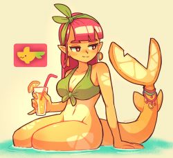 Rule 34 | 1girl, absurdres, arm support, bikini, blunt bangs, bottomless, breasts, brown eyes, cleavage, closed mouth, colored skin, cup, drinking glass, drinking straw, earrings, fins, fish tail, food, fruit, gaziter, green bikini, highres, holding, holding cup, jewelry, large breasts, lemon, lemonade, long hair, looking away, navel, original, pink hair, pointy ears, shark girl, shark tail, smile, solo, swimsuit, tail, yellow skin