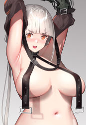 Rule 34 | 1girl, armpits, arms up, bad id, bad pixiv id, banitya, belt, belt collar, black belt, blunt bangs, blush, breast curtains, breasts, brown sleeves, collar, collarbone, commentary request, detached sleeves, dripping, gradient background, grey background, hair intakes, highres, large breasts, long hair, looking at viewer, low twintails, mechanical arms, navel, open mouth, orange eyes, original, revealing clothes, simple background, single mechanical arm, smile, solo, standing, stomach, sweat, teeth, thick eyebrows, tongue, twintails, upper body, upper teeth only, white hair
