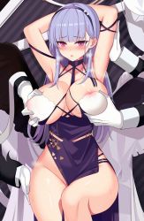 Rule 34 | 1girl, absurdres, areola slip, armpits, arms up, ateoyh, azur lane, blush, grabbing another&#039;s breast, breasts, breath, chinese commentary, closed mouth, commentary, covered erect nipples, cowboy shot, diagonal stripes, dido (anxious bisque doll) (azur lane), dido (azur lane), disembodied limb, dress, gloves, grabbing, grabbing from behind, hairband, heavy breathing, highres, large breasts, lips, long hair, looking at viewer, no panties, official alternate costume, purple dress, purple eyes, purple ribbon, ribbon, silver hair, simple background, solo, steaming body, straight hair, striped, striped background, sweat, tareme, thighs, white gloves