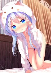Rule 34 | 1girl, :o, all fours, animal ears, animal hood, bed sheet, blue eyes, blue hair, blurry, blurry background, blush, breasts, cat ears, cat hood, chinomaron, coat, commentary request, convenient censoring, curtains, depth of field, drunk, fake animal ears, gochuumon wa usagi desu ka?, groin, hair between eyes, hair ornament, hand up, highres, hood, hood up, hooded jacket, indoors, jacket, kafuu chino, long hair, long sleeves, naked coat, navel, nose blush, parted lips, signature, sleeves past wrists, small breasts, solo, x hair ornament