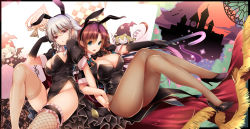 Rule 34 | 4girls, alternate costume, animal ears, bat wings, black gloves, blush, bow, bowtie, braid, breasts, bridal garter, brown legwear, cane, cleavage, crossed legs, detached collar, fake animal ears, fang, fang out, fishnet legwear, fishnets, flandre scarlet, gloves, green eyes, hair bow, high heels, holding hands, hong meiling, interlocked fingers, izayoi sakuya, large breasts, leotard, long hair, looking at viewer, monety, multiple girls, open mouth, pantyhose, playboy bunny, pocket watch, puffy sleeves, rabbit ears, red hair, remilia scarlet, revision, short sleeves, silver hair, single glove, smile, thighhighs, touhou, twin braids, watch, wings