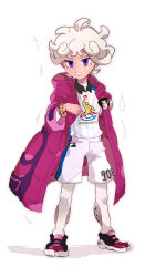Rule 34 | 1boy, ahoge, bede (pokemon), blonde hair, chiimako, coat, collared shirt, commentary request, creatures (company), curly hair, eyelashes, frown, full body, game freak, gloves, leggings, male focus, nintendo, open clothes, open coat, pokemon, pokemon swsh, purple coat, purple eyes, shirt, shoes, short hair, shorts, single glove, sleeves rolled up, solo, standing, sweat, watch, white leggings, white shirt, white shorts, wristwatch