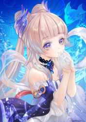 Rule 34 | 1girl, air bubble, bad id, bad pixiv id, blonde hair, blunt bangs, bow-shaped hair, bubble, choker, covering own mouth, detached sleeves, dress, fish, genshin impact, gloves, hair ornament, half gloves, lace-trimmed collar, lace trim, long hair, luzia, own hands together, ponytail, purple eyes, sangonomiya kokomi, solo, strapless, strapless dress, translucent hair, underwater, very long hair, water, wide sleeves, wrist cuffs