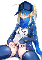 Rule 34 | 1girl, ahoge, artoria pendragon (fate), baseball cap, blonde hair, blue buruma, blue eyes, blue hat, blue jacket, blue scarf, blush, breasts, buruma, fate/grand order, fate (series), hat, highres, jacket, len (hand linke), long sleeves, mysterious heroine x (fate), name tag, open clothes, open jacket, ponytail, scarf, sidelocks, simple background, sitting, small breasts, solo, spread legs, spread pussy under clothes, track jacket, white background