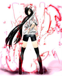 Rule 34 | 1girl, arugeri, ass, bike shorts, black hair, black thighhighs, borrowed character, character request, hair over one eye, hood, long hair, looking back, original, red eyes, solo, thighhighs, very long hair, wrist cuffs