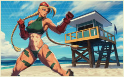 Rule 34 | abs, ahoge, armpits, beach, beret, bikini, blue eyes, braid, breasts, broad shoulders, cammy white, capcom, feet out of frame, gloves, green one-piece swimsuit, grid background, hat, highres, huge ahoge, lifeguard tower, medium breasts, muscular, ogami, one-piece swimsuit, outdoors, padded gloves, red gloves, red hat, scar, scar on face, street fighter, swimsuit, tan, tankini, thick thighs, thighs, twin braids, white trim