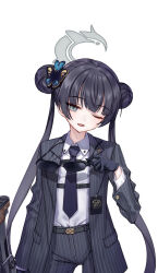 Rule 34 | 1girl, alternate costume, belt, black hair, blue archive, butterfly hair ornament, buttoned cuffs, buttons, collared shirt, commentary request, double bun, formal, grey eyes, hair bun, hair ornament, halo, highres, holding, holding removed eyewear, jacket, kisaki (blue archive), long hair, matsuryuu, necktie, one eye closed, open clothes, open jacket, open mouth, pants, shirt, simple background, smile, solo, striped clothes, striped jacket, striped pants, suit, sunglasses, unworn eyewear, upper body, very long hair, white background