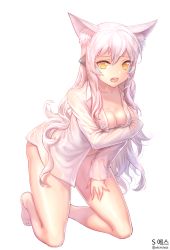 Rule 34 | 1girl, aken, animal ears, barefoot, breast hold, breasts, cat ears, cleavage, copyright request, dress shirt, elsword, eve (elsword), facial mark, full body, highres, kneeling, long hair, long sleeves, naked shirt, no bra, no pants, open clothes, open mouth, open shirt, revision, see-through, shirt, simple background, solo, sweat, teeth, text focus, tongue, twitter username, very long hair, wet, wet clothes, wet hair, white background, white hair, white shirt, yellow eyes