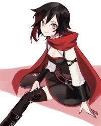 Rule 34 | 1girl, bad id, bad twitter id, black hair, breasts, cape, cleavage, corset, ecru, grey eyes, multicolored hair, red hair, ruby rose, rwby, sitting, smile, solo, thighhighs, torn clothes, torn thighhighs, white background