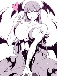 Rule 34 | breasts, capcom, demon girl, heart, heart-shaped pupils, highres, large breasts, looking at viewer, monochrome, morrigan aensland, symbol-shaped pupils, thick thighs, thighs, vampire (game)