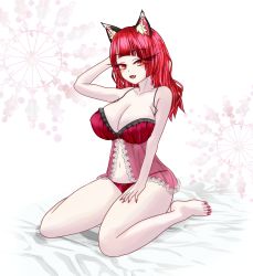 Rule 34 | 1girl, :d, absurdres, alternate hairstyle, animal ears, blunt bangs, breasts, cat ears, cleavage, fang, hair down, highres, large breasts, long hair, looking at viewer, nail polish, navel, on bed, open mouth, red eyes, red hair, red nails, sharp toenails, simple background, sitting, smile, solo, sugar you, toenail polish, toenails, touhou, underwear, wariza
