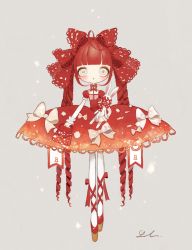 Rule 34 | 1girl, blunt bangs, blush, bow, dress, expressionless, grey background, highres, long hair, no nose, original, quad tails, red dress, red footwear, red hair, ringlets, shirosaki london, signature, simple background, solo, very long hair, white bow, white eyes