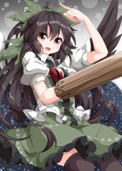 Rule 34 | 1girl, arm cannon, bird wings, black hair, black thighhighs, black wings, bow, cape, commentary request, hair bow, highres, long hair, puffy short sleeves, puffy sleeves, red eyes, reiuji utsuho, ruu (tksymkw), short sleeves, solo, thighhighs, third eye, touhou, weapon, wings, zettai ryouiki