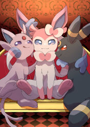 Rule 34 | absurdres, blue eyes, bow, creatures (company), espeon, fang, forehead jewel, game freak, gen 2 pokemon, gen 6 pokemon, highres, licking, licking lips, moi moi 123, nintendo, pokemon, pokemon (creature), purple eyes, red eyes, ribbon, sitting, smile, sylveon, tongue, tongue out, umbreon