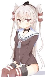 Rule 34 | 1girl, absurdres, amatsukaze (kancolle), brown dress, brown eyes, dress, garter straps, hair tubes, highres, kantai collection, long hair, looking at viewer, pinoaisu, red thighhighs, sailor dress, short dress, silver hair, simple background, sitting, solo, striped clothes, striped thighhighs, thighhighs, two side up, white background