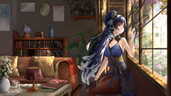 Rule 34 | 1girl, bare shoulders, black gloves, blue hair, blue hat, book, book stack, bookshelf, couch, cup, facial mark, flower, flower pot, forehead mark, gloves, half gloves, hat, highres, lampshade, long hair, looking outside, pantyhose, parted hair, pillow, single glove, sitting, teacup, window, wuthering waves, yangyang (wuthering waves), yowlawa