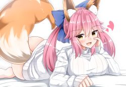 Rule 34 | 10s, 1girl, absurdres, alternate costume, animal ear fluff, animal ears, blush, bottomless, breasts, calligraphy brush, calligraphy brush (medium), fate/extra, fate/grand order, fate (series), fox ears, fox tail, graphite (medium), grey background, hand on own face, heart, highres, large breasts, looking at viewer, lying, moyoron, on stomach, open mouth, paintbrush, pink hair, simple background, solo, tail, tamamo (fate), tamamo no mae (fate/extra), traditional media, yellow eyes