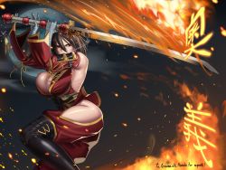 Rule 34 | 1girl, absurdres, bandaged arm, bandages, bare shoulders, black hair, breasts, cleavage, detached sleeves, fire, freshtrash, hair between eyes, highres, hip vent, holding, holding sword, holding weapon, japanese clothes, katana, kunoichi kaen, large breasts, last origin, looking to the side, medium hair, obi, red eyes, sash, shiny skin, solo, sword, weapon