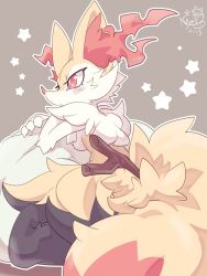 Rule 34 | 1girl, absurdres, animal ear fluff, animal ears, back, black fur, braixen, breasts, brown background, closed mouth, creatures (company), dated, fox ears, fox tail, furry, furry female, game freak, gen 6 pokemon, highres, light blush, looking to the side, medium breasts, multicolored fur, nintendo, nyaswitchnya, on pillow, orange eyes, orange fur, outline, pokemon, pokemon (creature), red nose, signature, simple background, sitting, slit pupils, solo, star (symbol), stick, tail, tsurime, white fur, white outline, yellow fur, yokozuwari