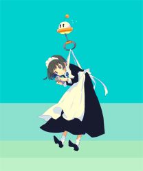 Rule 34 | 1girl, :&lt;, ankle socks, apron, aqua background, back bow, black dress, black footwear, blue ribbon, bob cut, bow, carrying, cellphone, closed mouth, commentary request, dot nose, dress, flying sweatdrops, frilled hairband, frills, from side, full body, gradient background, grey eyes, grey hair, hairband, hands up, hataraku ufo, holding, holding phone, jobski, juliet sleeves, leaning forward, long dress, long sleeves, looking down, maeya susumu, maid, maid apron, maid headdress, neck ribbon, original, phone, pleated dress, puffy sleeves, ribbon, shoe soles, shoes, short hair, signature, sleeve cuffs, smartphone, socks, ufo, v-shaped eyebrows, white apron, white bow, white hairband, white legwear, wing collar