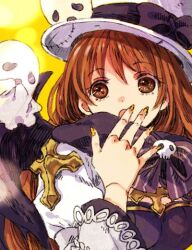 Rule 34 | 1girl, arch bishop (ragnarok online), black bow, black dress, bow, brown eyes, brown hair, cleavage cutout, clothing cutout, commentary request, covering own mouth, cross, dress, ghost, hand over own mouth, hat, hat bow, juliet sleeves, long hair, long sleeves, open mouth, puffy sleeves, ragnarok online, tokio (okt0w0), two-tone dress, upper body, whisper (ragnarok online), white dress, white headwear