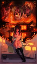 Rule 34 | 10s, 2girls, aged down, bad id, bad twitter id, bed, black hair, blurry, bokeh, book, breasts, breasts apart, bukimi isan, burn scar, burning, clothes pull, commentary, depth of field, english text, female pubic hair, fire, full body, highres, ikezawa hanako, katawa shoujo, long hair, mother and daughter, multiple girls, neck ribbon, on bed, panties, panty pull, pantyhose, pantyhose pull, pillow, pubic hair, ribbon, scar, school uniform, sitting, skirt, unworn skirt, sunset, tears, thought bubble, underwear, undressing