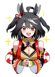 Rule 34 | 1girl, :d, ahoge, animal ears, bare shoulders, black hair, blush, bow, cleavage cutout, clothing cutout, ear ribbon, flower ornament, highres, horse ears, horse girl, kitasan black (umamusume), looking at viewer, multicolored hair, open mouth, red eyes, red ribbon, ribbon, simple background, smile, solo, sparkle, streaked hair, takuan (taku1219oekaki), two-tone hair, umamusume, upper body, white background, white hair