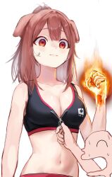 1boy 1girl anger_vein animal_ears black_bra bra breasts brown_hair cleavage clenched_hand closed_mouth commentary dog_ears dog_girl double-parted_bangs flaming_hand highres hololive inugami_korone inugami_korone_(8th_costume) listener_(inugami_korone) looking_at_another medium_breasts medium_hair navel nervous_sweating official_alternate_costume ponytail red_eyes shaded_face simple_background solo_focus sports_bra standing stomach sweat underwear unzipping upper_body virtual_youtuber white_background xue_lian_wa_noel zipper_pull_tab