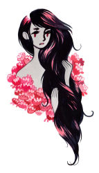 Rule 34 | 1girl, adventure time, black hair, colored skin, commentary, english commentary, flower, grey skin, greyscale, hands in hair, heikala, highres, long hair, looking to the side, marceline abadeer, monochrome, multicolored hair, nude, open mouth, painting (medium), pink flower, pink theme, red eyes, simple background, solo, streaked hair, traditional media, watercolor (medium), white background