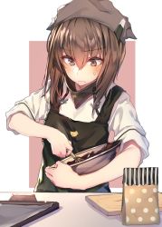 Rule 34 | 10s, 1girl, apron, bag, bird, blush, bowl, brown background, brown eyes, brown hair, chick, chocolate, chocolate making, clipboard, cutting board, hair between eyes, hat, headgear, highres, holding, holding bowl, kantai collection, looking down, matching hair/eyes, mixing bowl, polka dot, short hair with long locks, sleeves rolled up, solo, soukou makura, stirring, striped, sweatdrop, taihou (kancolle), vertical stripes, whisk, white background