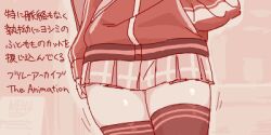 Rule 34 | 1girl, abstract background, arm at side, blue archive, facing viewer, hand in pocket, jacket, long sleeves, lower body, lowres, maibotsumou, menu, miniskirt, monochrome, oekaki, pleated skirt, red theme, skirt, solo, thick thighs, thigh focus, thighhighs, thighs, translation request, walking, yoshimi (blue archive), zettai ryouiki