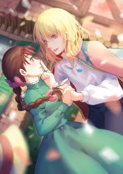 Rule 34 | 1boy, 1girl, aqua eyes, blonde hair, bow, braid, brown eyes, brown hair, building, cape, earrings, finger to mouth, flying, frills, from above, hair bow, holding hands, hat, hetero, highres, howl (howl no ugoku shiro), howl no ugoku shiro, jewelry, medium hair, moving, petals, puffy sleeves, saphirya, smile, sophie (howl no ugoku shiro), tree, wind