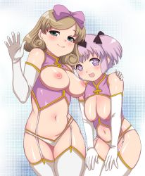 Rule 34 | + +, 10s, 2girls, bare shoulders, bow, breasts, breasts out, brown hair, cosplay, elbow gloves, gloves, green eyes, hair bow, haruka (senran kagura), haruka (senran kagura) (cosplay), hibari (senran kagura), hip focus, matoyama, multiple girls, nipples, open mouth, purple eyes, purple hair, senran kagura, short hair, smile, symbol-shaped pupils, thighhighs, wide hips