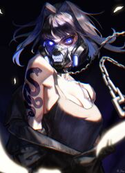 Rule 34 | 1girl, absurdres, breasts, chain, cleavage, collar, eyelashes, gas mask, glowing, glowing eyes, hair intakes, highres, hololive, hololive english, intemind, jacket, large breasts, looking at viewer, mask, medium hair, no bra, ouro kronii, signature, solo, tank top, tattoo, tsurime, virtual youtuber
