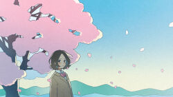 Rule 34 | 1girl, blue sky, blush, bow, bowtie, brown eyes, brown hair, brown jacket, cherry blossoms, closed mouth, collared shirt, commentary request, dot nose, gradient sky, highres, jacket, lapels, long sleeves, looking at viewer, mountainous horizon, nahara saki, original, parted bangs, petals, pink bow, pink bowtie, plant, sad, shirt, short hair, sky, solo, tearing up, traditional bowtie, tree, unfinished, white shirt, wide shot, wind, yellow sky